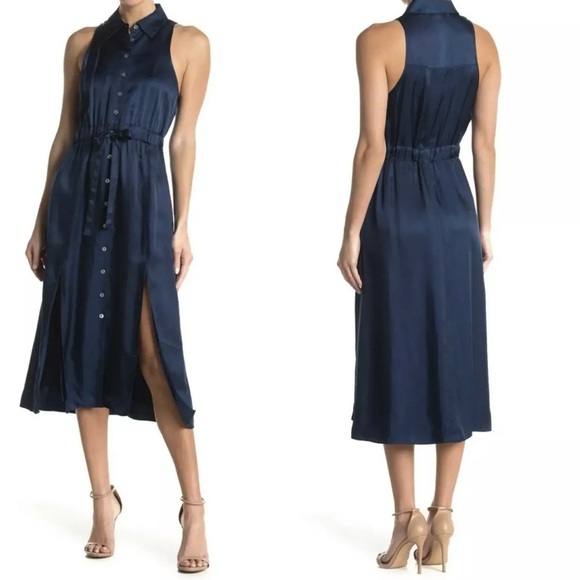CINQ A SEPT  Womens Joyce Sleeveless Tie Waist Satin Midi Dress Sz 4 Button Up - Picture 1 of 16